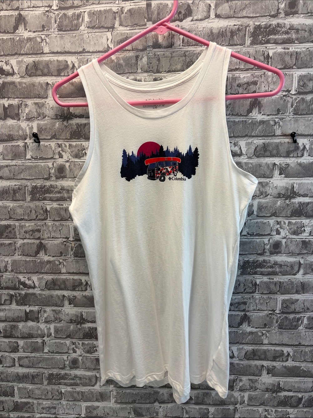 Columbia White Tank with Red and Navy Scenic Graphic